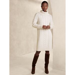 Banana Republic Cable-Knit Turtleneck Sweater Dress Sz S Ivory Cream Wool Blend
